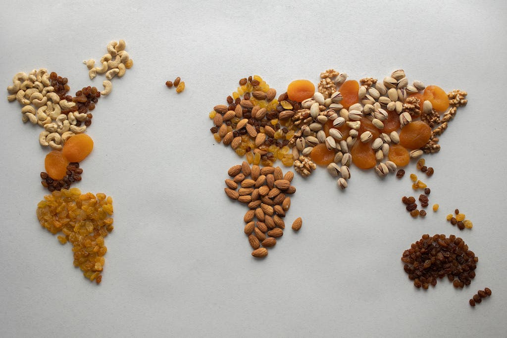 Top view of creative world continents made of various nuts and assorted dried fruits on white background in light room